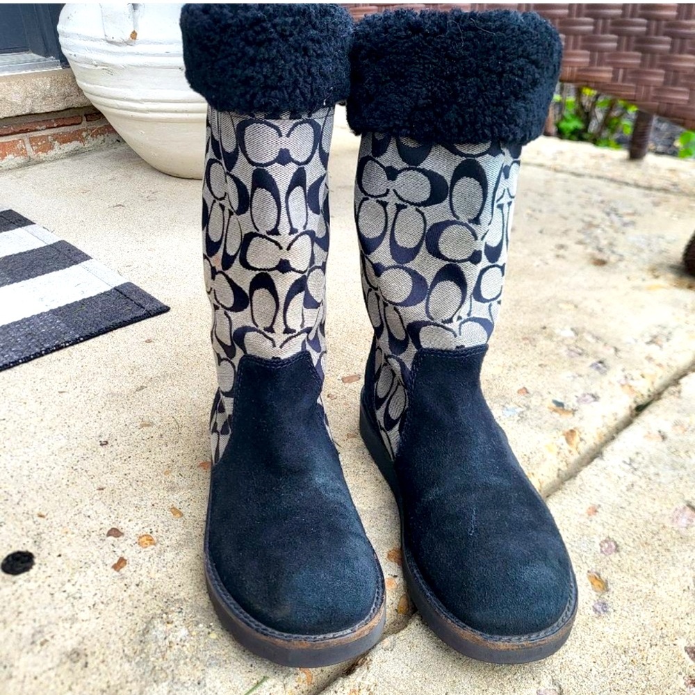 COACH Kally Signature Black Gray Canvas Mid Calf Boots 8B flat Logo Monogram